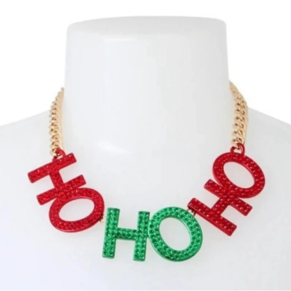BETSEY JOHNSON Christmas Holiday HO HO HO’ Festive Sparkle Santa Necklace NWT - Picture 6 of 7